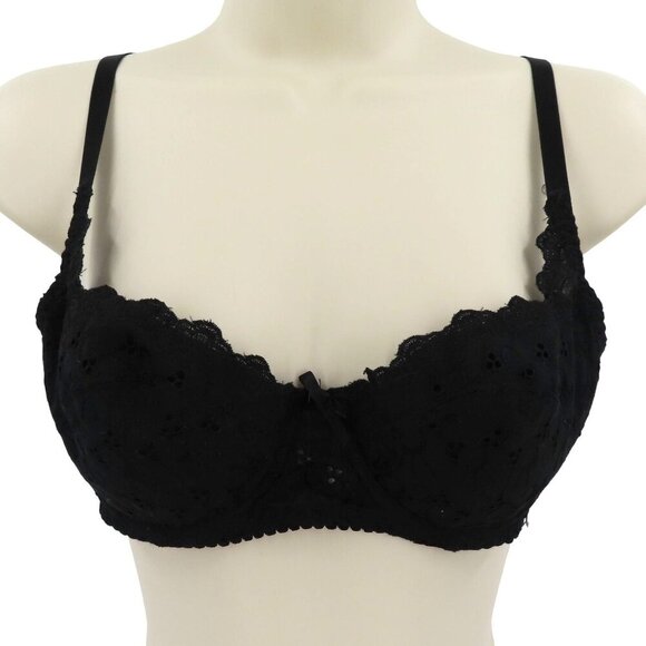 Felina Womens 32C Bra Solid Black Eyelet Underwire Padded Scallop Trim Bows VTG - Picture 1 of 12